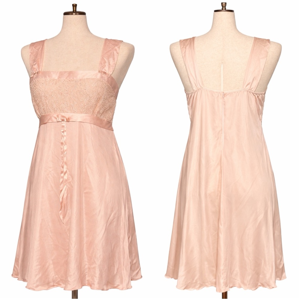 Vintage pink silky and lace slip, front bow, fitted top, light flare. M